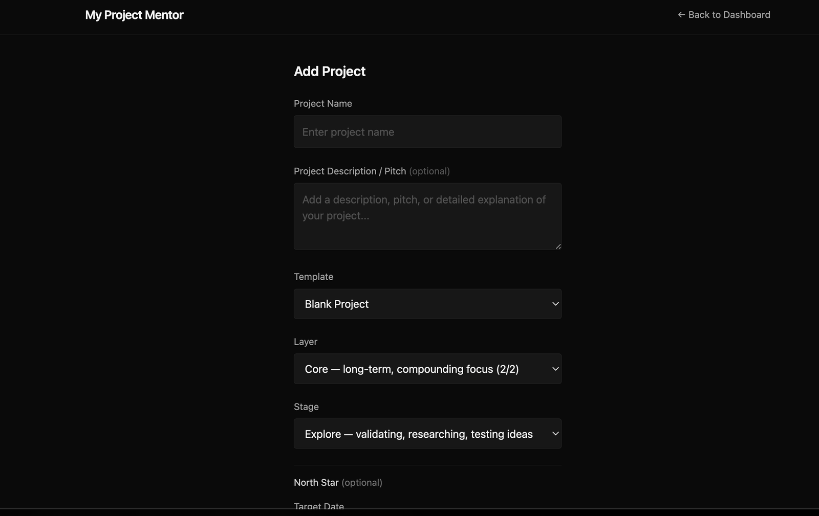 Project Mentor project creation screen