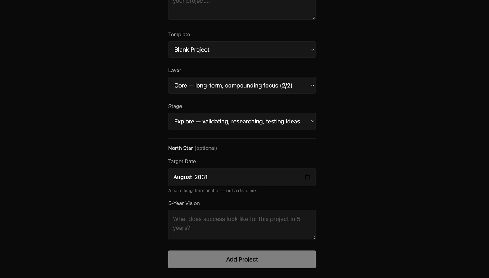 Project Mentor project setup screen