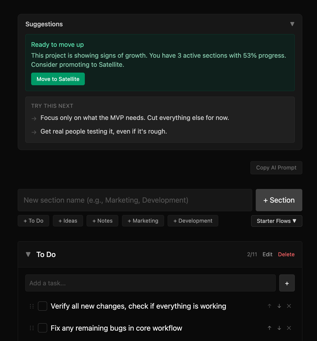 Project Mentor project workflow interface