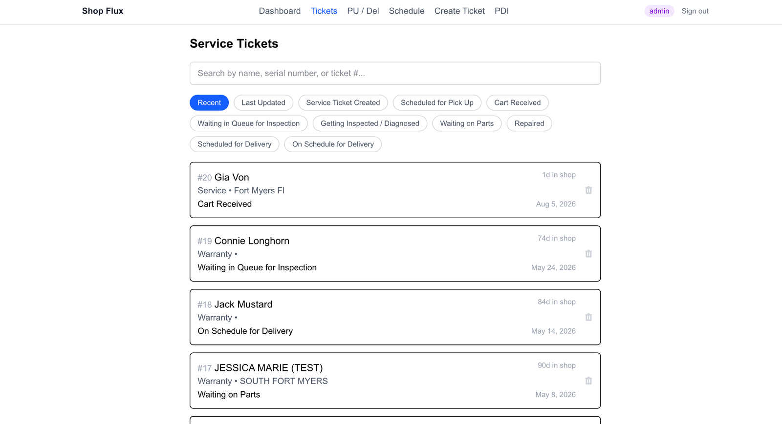 ShopFlux service tickets interface