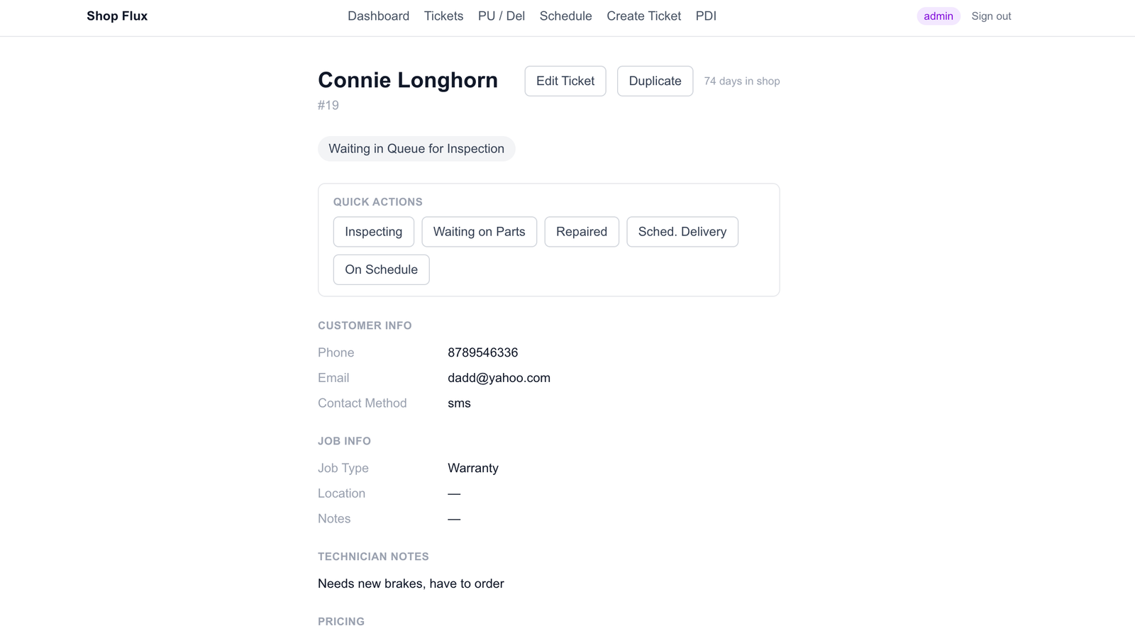 ShopFlux ticket workflow screen